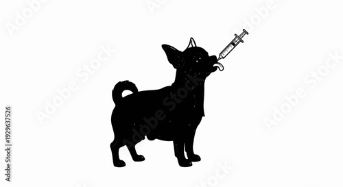A black silhouette of a dog with a syringe in its mouth