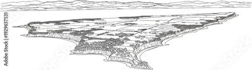 Panoramic view of a coastal peninsula with scattered buildings and treed areas