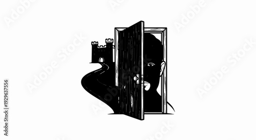 Surreal image of a dark pathway leading to a castle, with a face peeking through a doorway