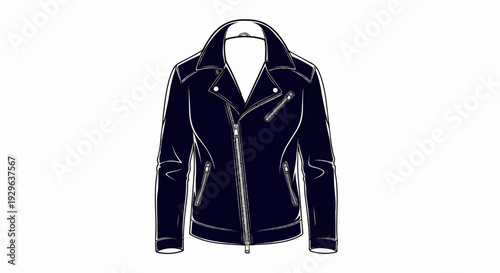Dark blue, zippered, collarless jacket with diagonal front zipper and pocket zippers