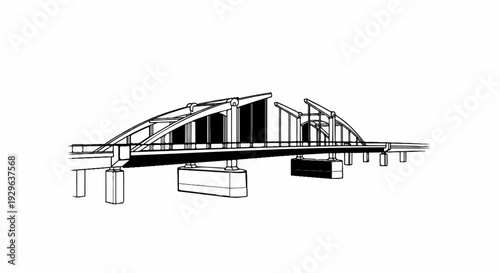 Black and white line drawing of a modern arch bridge with support columns