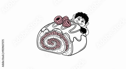 Whimsical character peeking over a sweet rolled cake adorned with raspberries