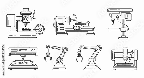 Collection of industrial manufacturing machines and robotic arms depicted in outline