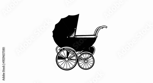 Vintage baby carriage with large spoked wheels and a black canopy