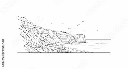 A hand-drawn sketch depicts a coastal scene with dramatic cliffs and an arch
