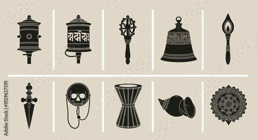 Set of 10 Tibetan Buddhist ritual objects vector icons