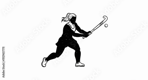 Black silhouette of a woman playing field hockey, striking a ball with her stick