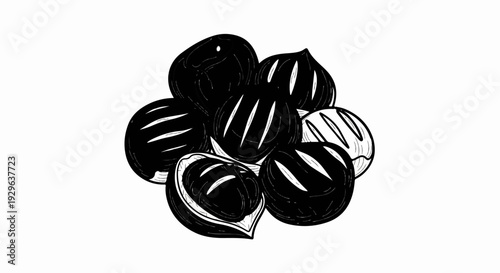 A cluster of illustrated walnuts, some cracked open, on a white background