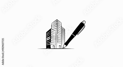 Sketchy ink pen writes on skyscraper building, representing contract or agreement
