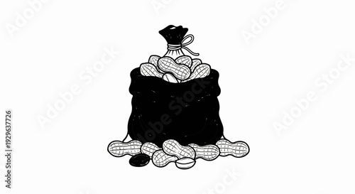 A black sack overflowing with peanuts, some scattered around