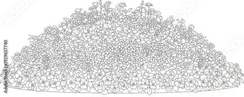 A dense, textured illustration of a mound of blooming flowers and foliage