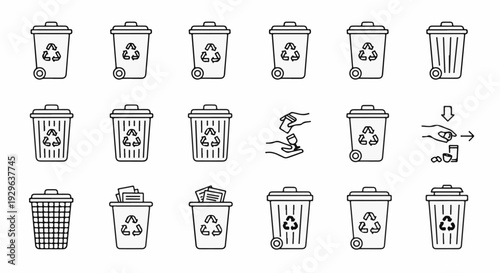 Collection of various trash can and recycling bin icon designs for waste disposal
