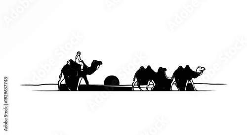 A caravan of camels and a rider traverse a desert landscape under a setting sun