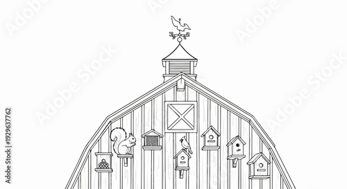 Barn roof with assorted birdhouses and a squirrel, topped by a weathervane