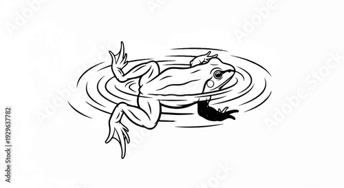 Line art illustration of a frog swimming in water with ripples