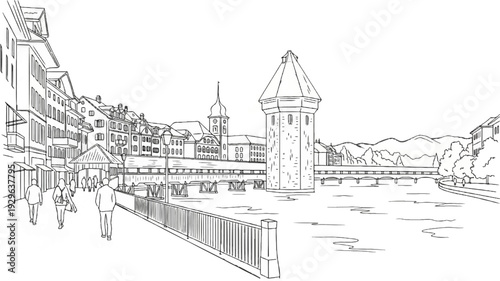 Sketch of a European cityscape with a bridge over a river and distant hills