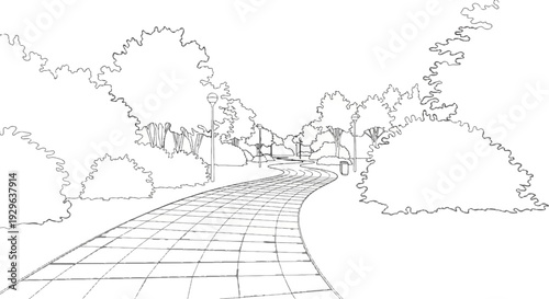 A winding park path with trees, lampposts, and benches, rendered in sketch style