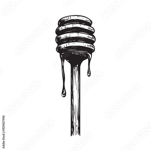 a honey dipper dripping sweet golden syrup into a pool below 