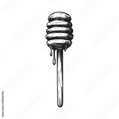 a honey dipper dripping sweet golden syrup into a pool below 