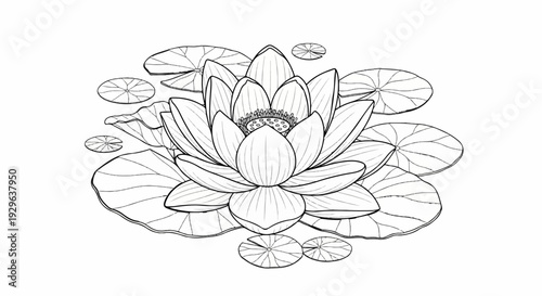 Delicate line art depicts a blooming water lily surrounded by lily pads on water