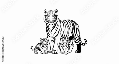 Family of tigers, a mother with two cubs, depicted in a bold black and white graphic style