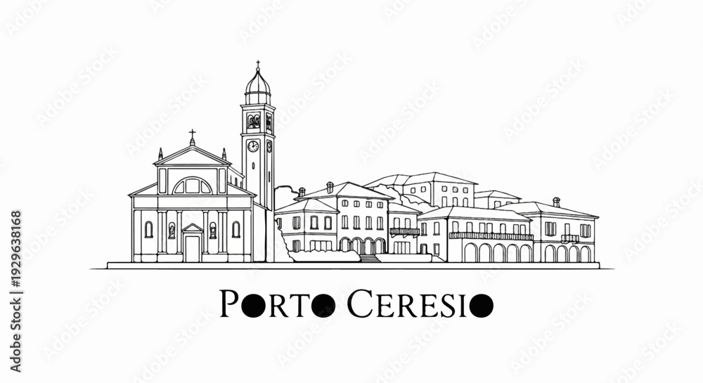 Obraz premium Sketch of a coastal town's skyline featuring a church with a bell tower and residential buildings