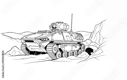A futuristic tracked vehicle with a turret moves through a rocky, barren landscape