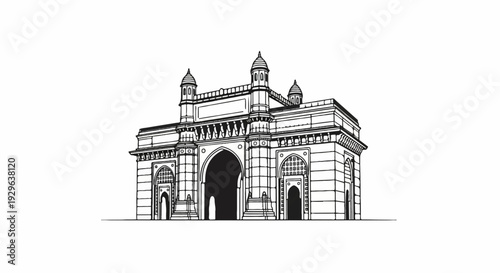 Stylized illustration of a monumental archway with domes and intricate stonework