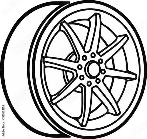 A black and white outline drawing of a car tire and rim