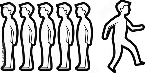 Five figures in a line with one figure walking separately away from them