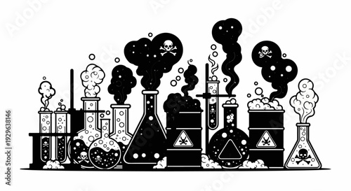 Toxic bubbling concoctions with skull and crossbones warning symbols