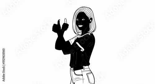 Young person with short hair, wearing a t-shirt and jeans, gives a thumbs up