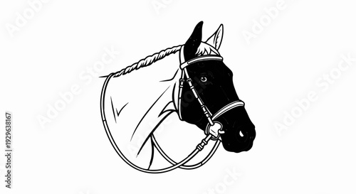 Stylized black and white head of a horse with a braided mane and bridle