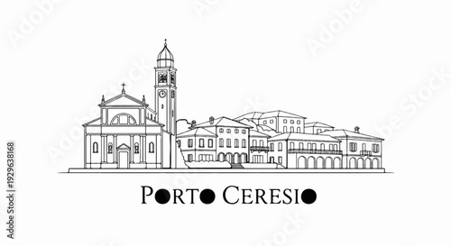 Sketch of a coastal town's skyline featuring a church with a bell tower and residential buildings