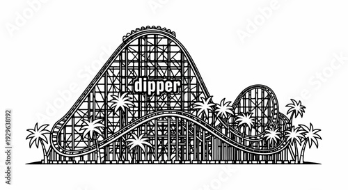 A black and white illustration of a wooden roller coaster with palm trees