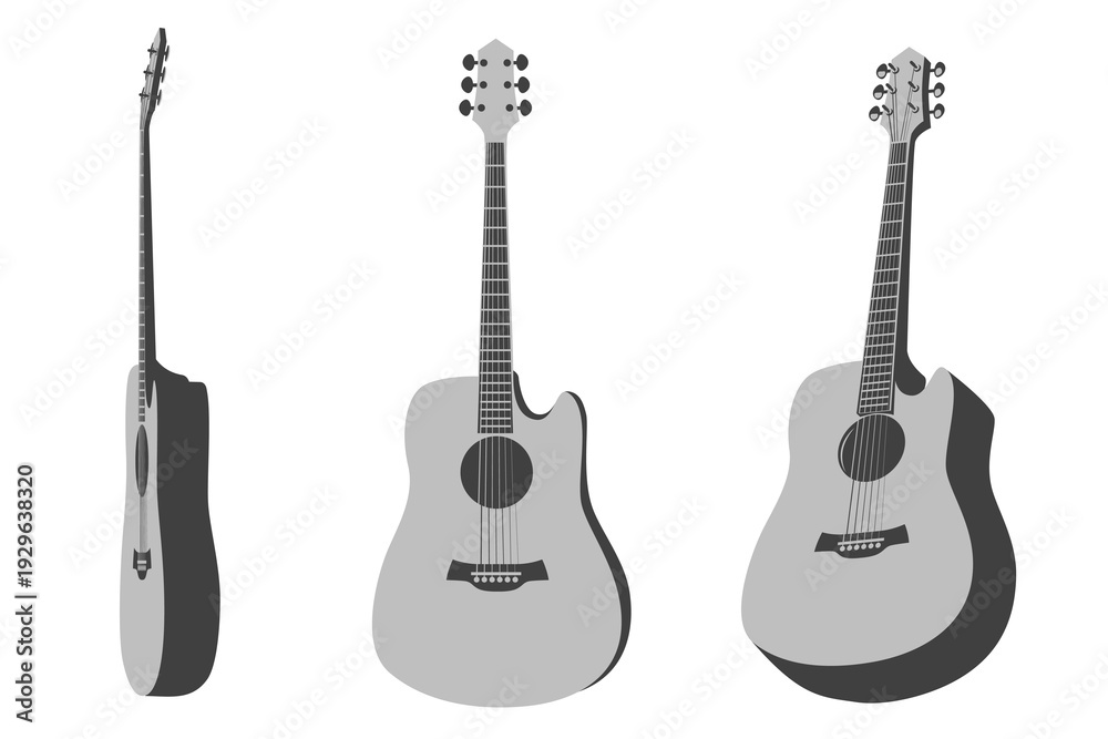 Fototapeta premium Set of acoustic guitar icons. Vector illustration of a grey musical instrument from different angles, symbol of art, hobby and performance.