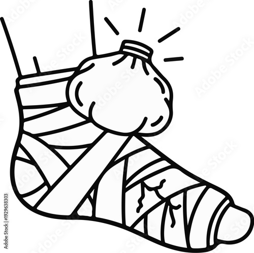 Bandaged foot with ice pack, indicating injury and treatment