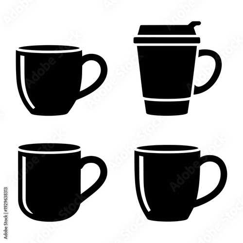 Four black silhouette icons depicting different styles of coffee mugs and a modern travel cup.