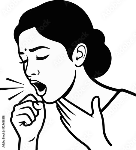 Illustration of a person coughing, with hand covering mouth, showing distress