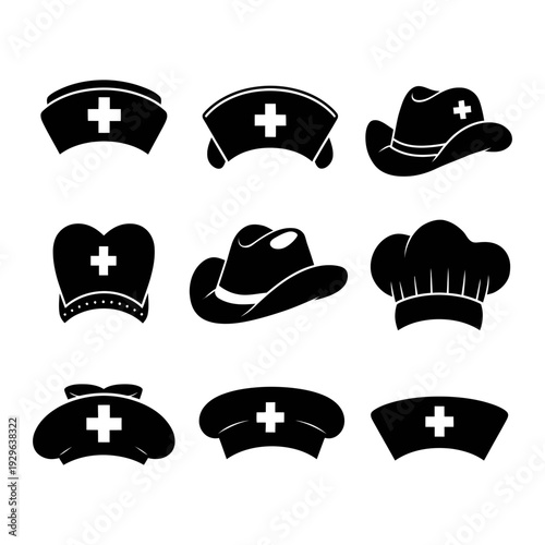 A collection of professional and recreational headwear icons including various nurse caps, a cowboy hat, and a chef's toque.