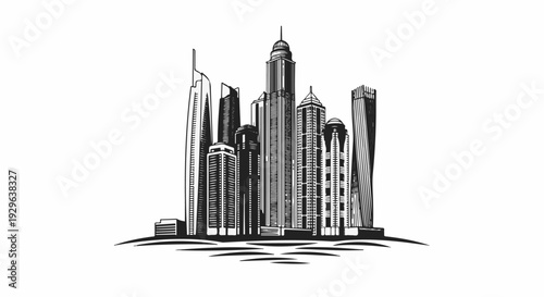 Monochromatic sketch of a modern cityscape with tall skyscrapers reflected on water