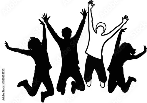 Five silhouetted people joyfully leaping with arms raised high