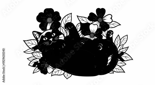 A whimsical black cat with wide eyes rests amongst blooming flowers and leaves