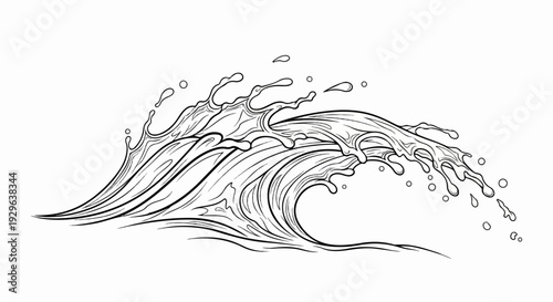 Dynamic black and white line art depicts a powerful ocean wave crashing