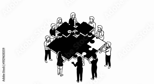 People assembling a large jigsaw puzzle tabletop together, symbolizing teamwork