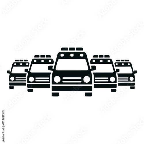 A front-facing lineup of five black silhouette ambulances, emphasizing emergency medical services and transport.