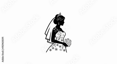 Silhouette of a bride in a detailed floral gown, holding a bouquet