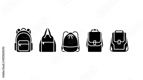 A horizontal arrangement of five diverse black silhouette icons representing different styles of bags for various uses.
