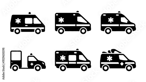 A set of six varied ambulance side view silhouettes, illustrating different models and designs of emergency vehicles.