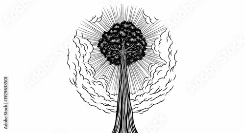 A stylized tree with radiating lines emanating from its canopy, surrounded by clouds